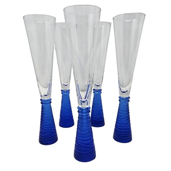 Set of 5 Sasaki Artland Prescott Style Fluted Champagne Glass Barware Blue